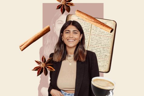 Siff Haider, cinnamon sticks, an americano, and written journal on tan background
